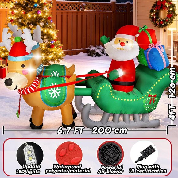 ⚡6.7FT Christmas Inflatables Santa Sleigh with Two Reindeer Outdoor Decorations - Picture 2 of 7